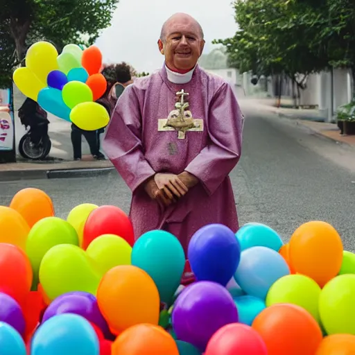 Image similar to a priest holding dozens of colorful balloons