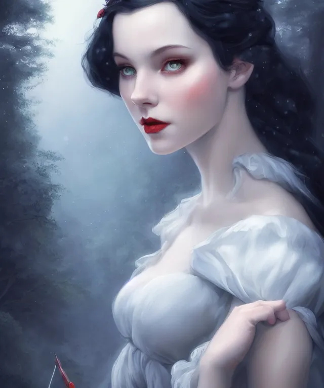 Prompt: snow white by charlie bowater and titian and artgerm, full - body portrait, intricate, face, forest, elegant, pale blue mist, beautiful, highly detailed, dramatic lighting, sharp focus, trending on artstation, artstationhd, artstationhq, unreal engine, 4 k, 8 k