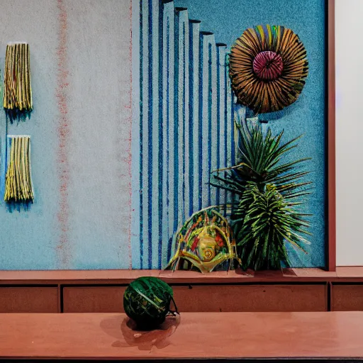 Prompt: a color photography of an exhibition room with an arrangement of elements / anthropological conceptual object / tropicalism / ( ( ( ( ( ( ( ( ( ( ( ( brutalism ) ) ) ) ) ) ) ) ) ) ) ) / animism, grain / shades / highly detailed / 1 2 0 0 dpi / fujifilm x - t 3 0