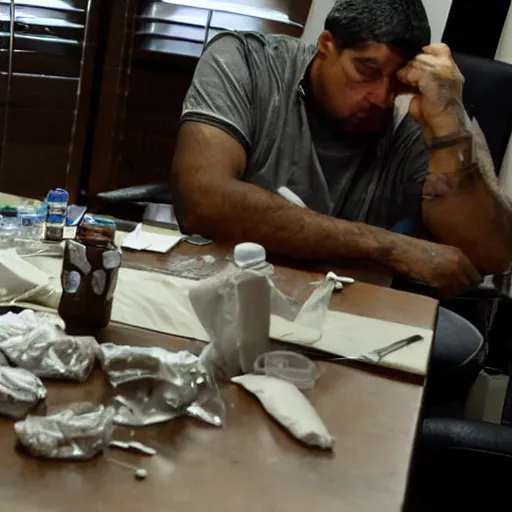 Prompt: druglord sitting at his table after police arrested him, there are seized drugs on the table, dimly lit scene