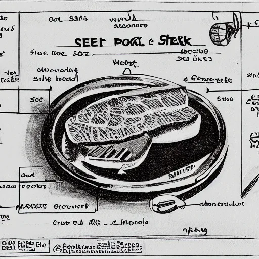 Image similar to highly detailed schematic of steak on paper