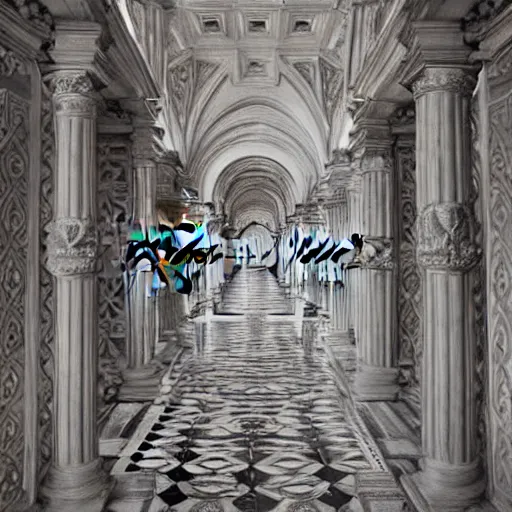 Image similar to interior of a white marble labyrinth in ornate renaissance style carving. symmetry columns, architectural photograph, sharp focus