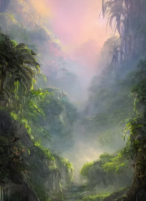 Image similar to a beautiful painting of the jungle in the morning with lots of smoke, fantasy art, matte painting