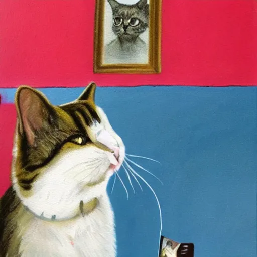 Prompt: a painting of a cat with a human face, looking in a mirror and seeing a human face looking back at it.