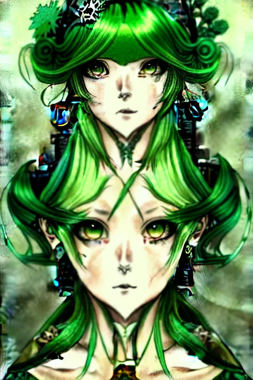 Prompt: beautiful green hair anime woman victorian dress, steampunk, fantasy, eerie, intricate details, pixiv, digital painting, artstation, concept art, 8 k, art by artgerm, loish and alohonse mucha and eiichiro oda symmetrical face symmetrical eyes