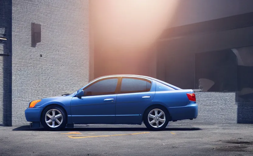 Image similar to blue 2 0 0 3 honda accord parked near a grey brick garage at sunrise, oil puddle under car, concept art, octane render, unreal engine 5, trending on artstation, high quality, 8 k, soft lighting, path traced, hyperrealistic, highly detailed, digital art, symmetrical, cinematic, high coherence, godrays