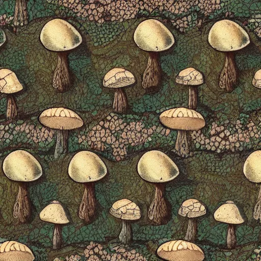 Image similar to a detailed artwork of mushrooms, pattern, tiled, caspar david friedrich, artstation