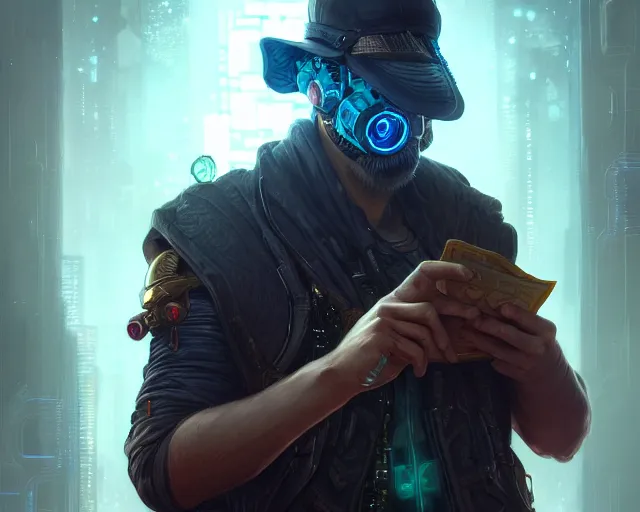 Prompt: man wearing a cyberpunk hat, deep focus, d & d, fantasy, intricate, elegant, highly detailed, digital painting, artstation, concept art, matte, sharp focus, illustration, hearthstone, art by artgerm and greg rutkowski and alphonse mucha