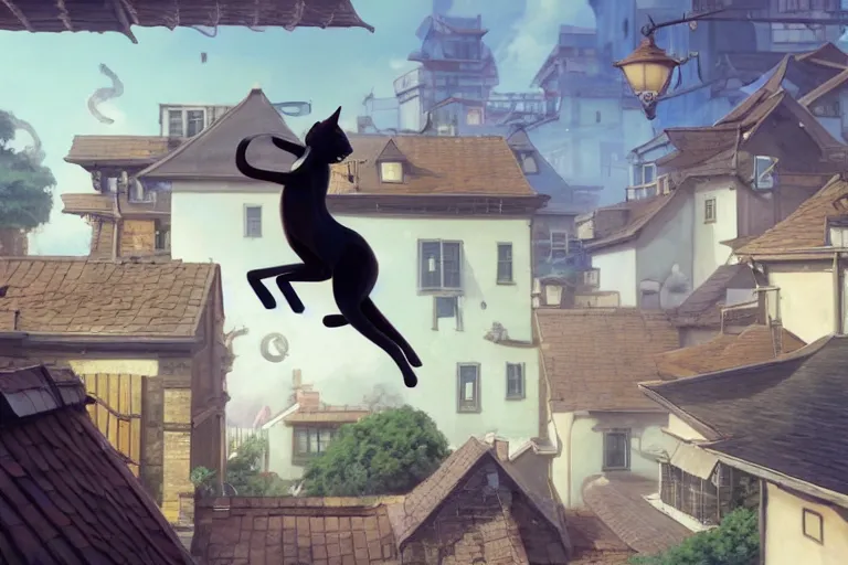 Image similar to a wholesome animation key shot of a black cat jumping between roofs with tiles, medium shot, studio ghibli, pixar and disney animation, sharp, rendered in unreal engine 5, anime key art by greg rutkowski, bloom, dramatic lighting