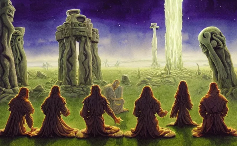 Image similar to a hyperrealist watercolour character concept art portrait of a group of druids kneeling down in prayer to a tall elegant lovecraftian alien on a misty night in stone henge. a battlecruiser starship is in the background. by rebecca guay, michael kaluta, charles vess and jean moebius giraud