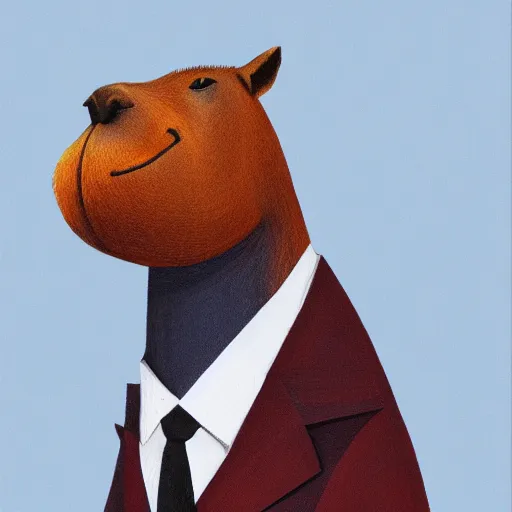 Image similar to abstract art of a well dressed capybara, profile view, wearing a suit laughing showing big teeth, in the style of tracie grimwood