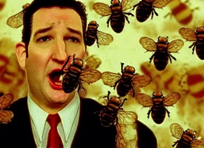 Image similar to film still of ted cruz as the candyman with bees coming out of his mouth in candyman 1 9 9 2