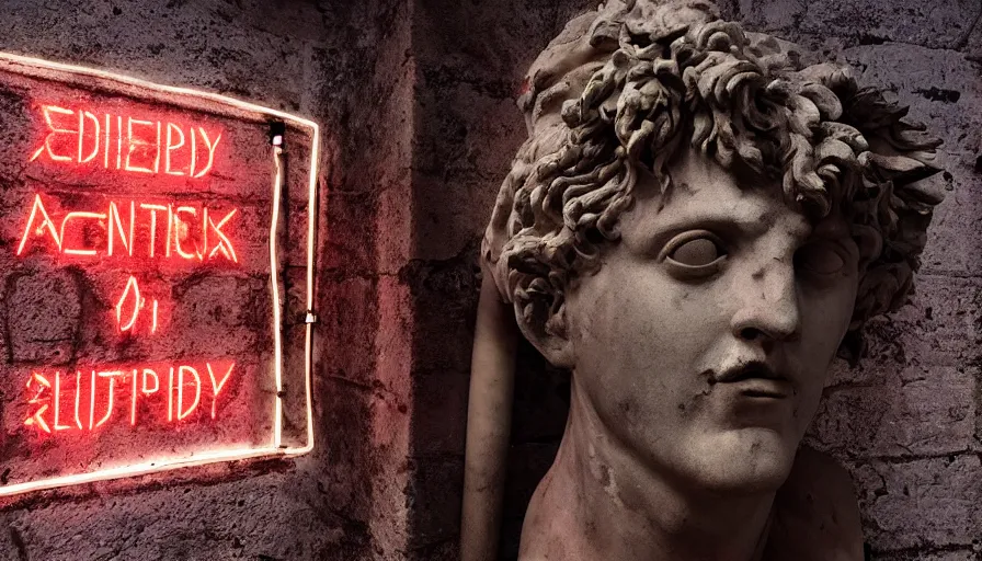 Image similar to a weathered ancient greek sculpture dionysus in the middle of cyberpunk city, neon sign, bladerunner, digital illustration, artstation, cinematic composition, bottom view