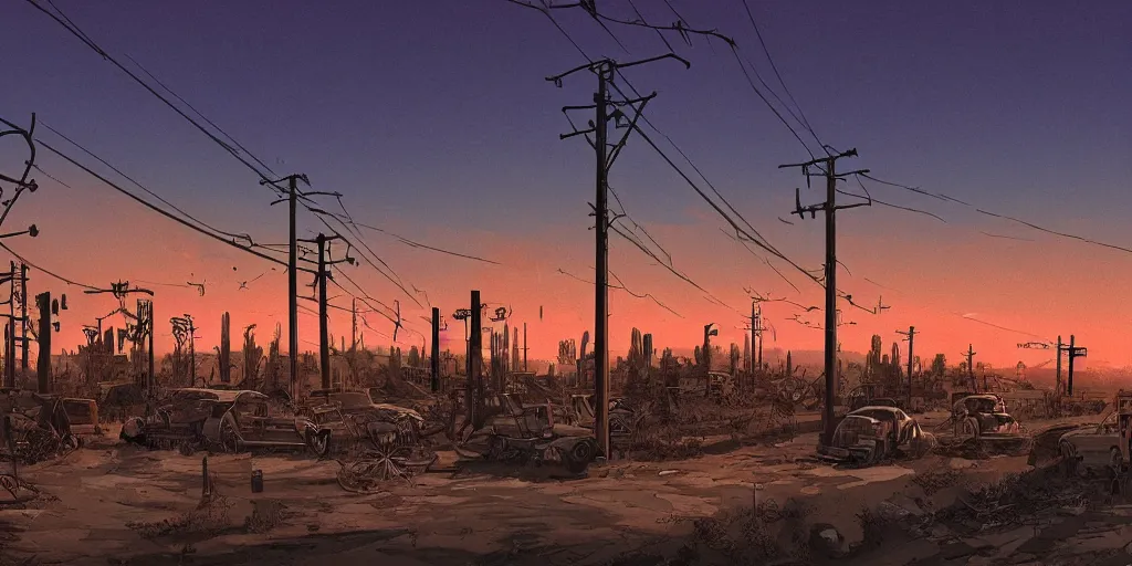 Image similar to train station roadside old west saloon cyber punk post apocalyptic telephone poles cactus graveyard sunset sky clouds illustration by syd mead artstation 4 k 8 k graphic novel concept art matte painting