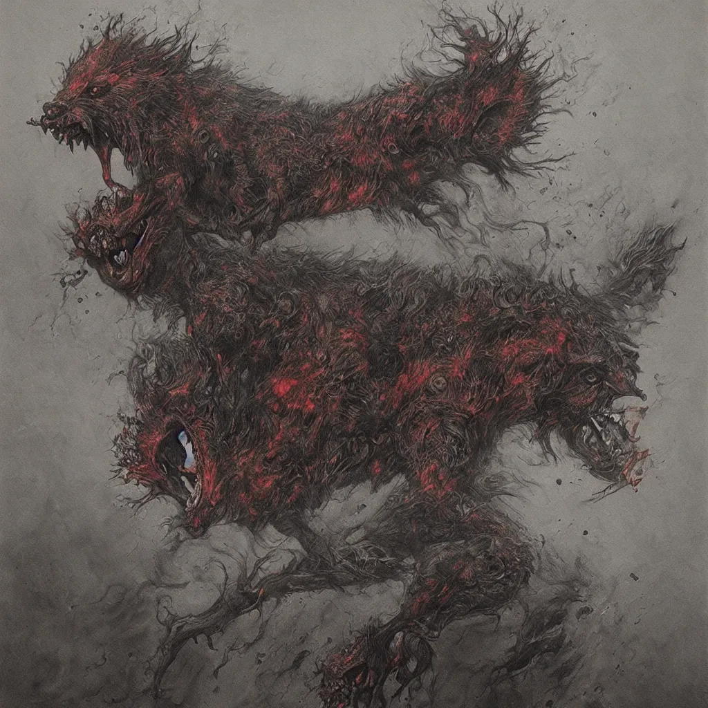 Image similar to demonic and deformed hyena, breathing fire out of its mouth, in the style of zdislaw beksinski