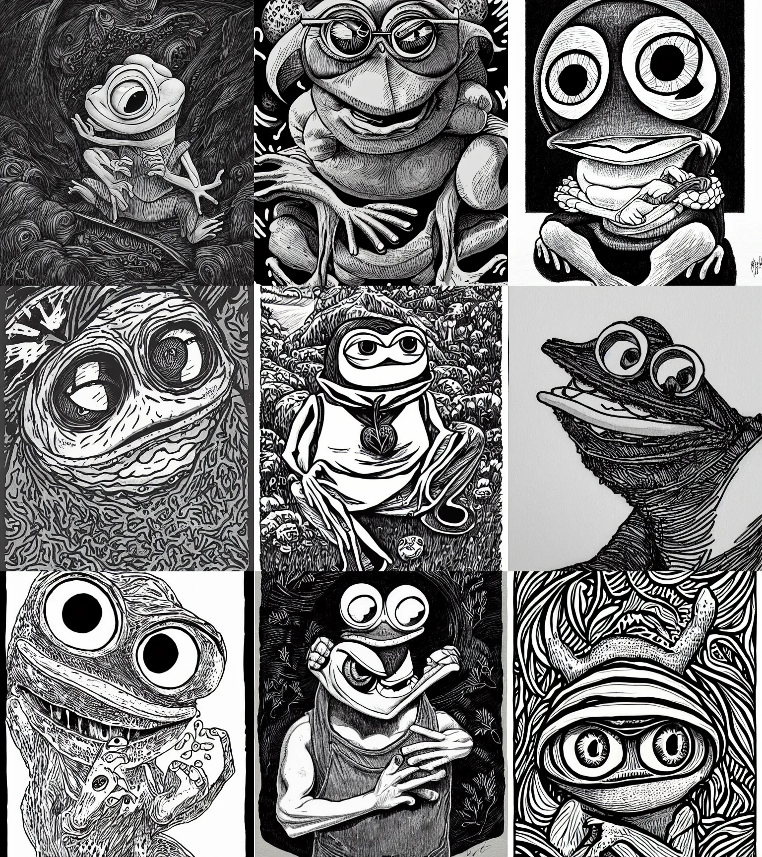Prompt: pepe the frog by matt furie, black and white drawing, in the style of greg rutkowski, fantasy, amazing detail, epic, intricate, elegant, smooth, sharp focus