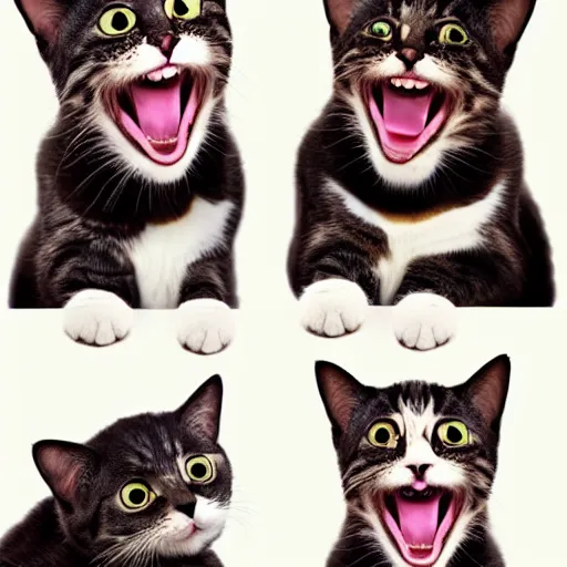 Image similar to a cat laughing from multiple angles collage photo, meme format,