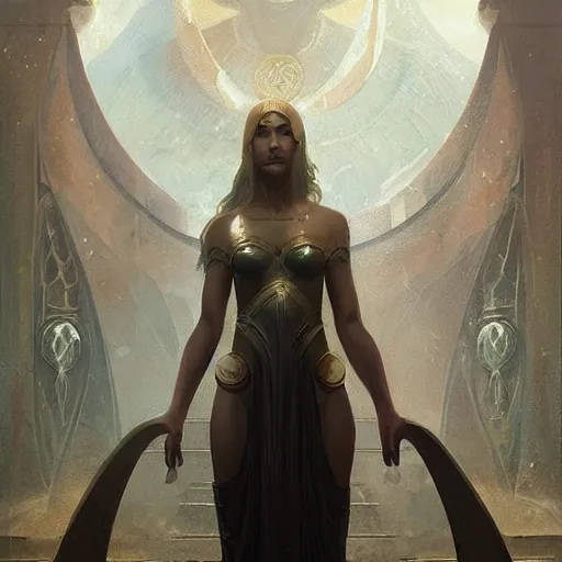 Image similar to portrait of beautiful priestess in ancient atlantis by greg rutkowski