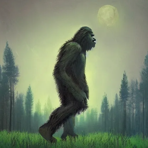 Prompt: bigfoot walking in forest, surreal photography, moon light, dark night, dramatic, impressionist painting, clouds, digital painting, artstation, simon stalenhag