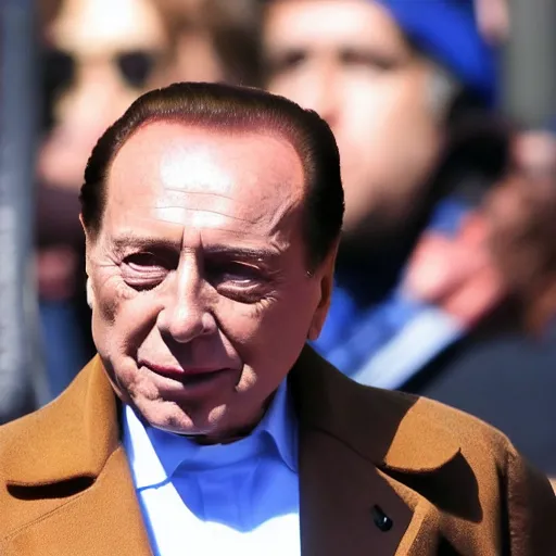 Image similar to Silvio Berlusconi with a blue NY hat and 16 cigarettes in his eyes, photo, paparazzi, hd, high quality