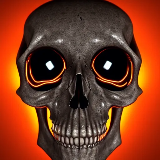 Prompt: real human skull with circular electronic eyes, emitting orange light