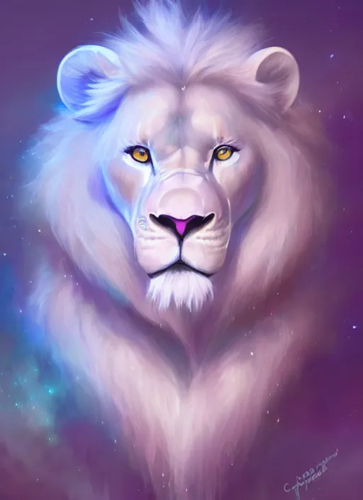 Prompt: !dream aesthetic portrait commission of an albino male furry anthro lion with lavender and mint glowing orbs of light illuminating the lions face, Atmospheric. Character design by charlie bowater, ross tran, artgerm, and makoto shinkai, detailed, inked, western comic book art, 2021 award winning painting
