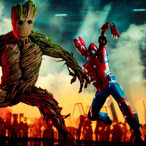 Image similar to groot and optimus prime dancing at techno party among people, wide shoot, octane render, ultra realistic