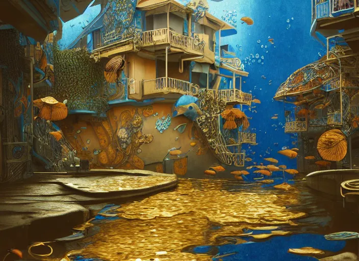 Prompt: art nouveau favela, underwater environment, scenery, professional, award - winning, trending on artstation, hyper detailed, realistic, beautiful, emotional, shiny, golden, picture