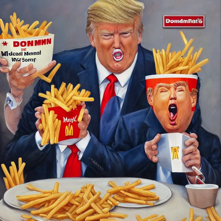 Image similar to a jon mcnaughton painting of donald trump eating a happy meal at mcdonald's