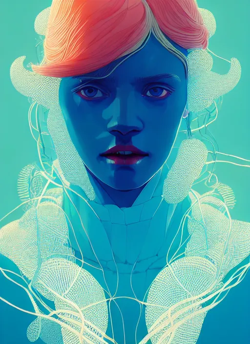 Prompt: portrait of beautiful nordic woman wearing white suit, blue eyes, artstation winner by victo ngai, kilian eng and by jake parker, by conrad roset, swirly vibrant color lines, winning award masterpiece, fantastically gaudy, aesthetic octane render, 8 k hd resolution