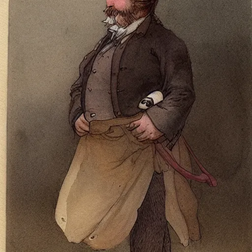 Image similar to portrait of a character standing and facing front looking strait ahead with a muted color watercolor sketch of story book character ifrom the book Baltimore & Redingote by Jean-Baptiste Monge of an old man in the style of by Jean-Baptiste Monge that looks like its by Jean-Baptiste Monge and refencing Jean-Baptiste Monge