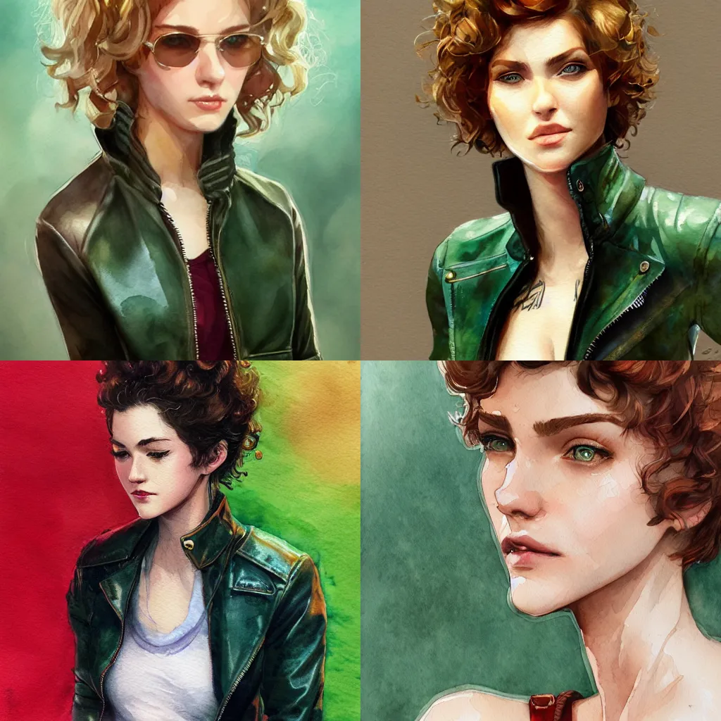 Prompt: short curly blonde haired girl, green eyes, leather bomber jacket, artstation, watercolor, highly detailed, pinup, portrait, by krenz cushart