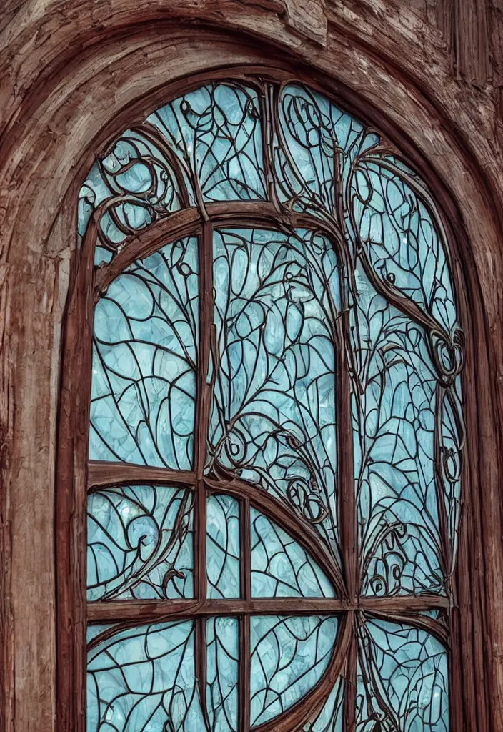 Prompt: photo of a beautiful window, symmetrical, symmetry, art nouveau, iron frame, skyrim