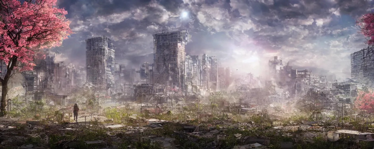 Prompt: A post-apocalyptic city swept by disaster, tall destroyed buildings with plants, an enormous cherry tree blossoming in the middle, biopunk, realistic, digital art, lens flare,