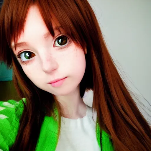 Prompt: Selfie photograph of Cute anime girl, long shiny bronze brown hair, green eyes, cute freckles, soft smile, medium shot, mid-shot, trending on Artstation,