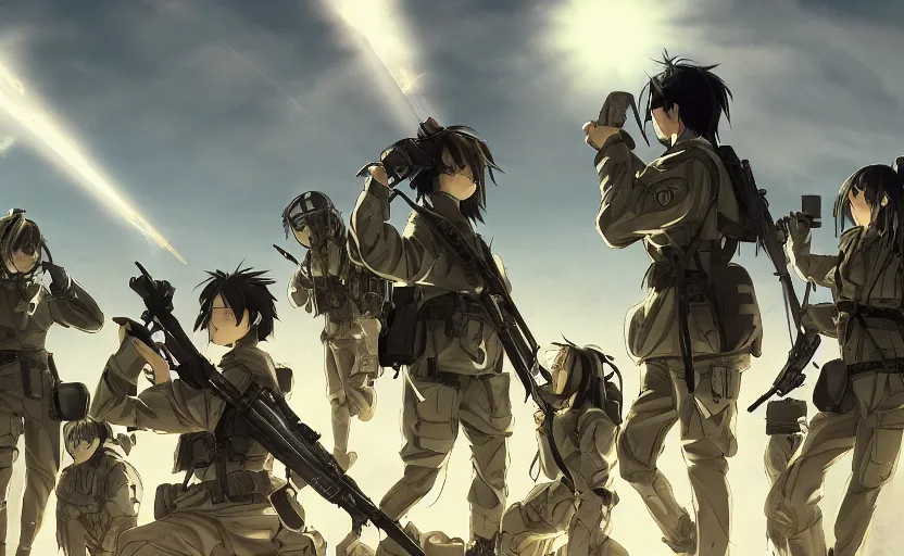 Prompt: anime style, modern warfare, panoramic view, searchlights in background, soldier clothing, hair down, real faces, symmetrical facial features, from arknights, hyper realistic, wallpaper, detailed drawing, trending pixiv, safebooru, d & d, realistic lighting, by alphonse mucha, greg rutkowski, sharp focus, backlit, mechanized transport