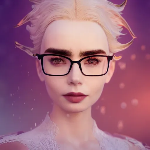 Prompt: abeautiful + blonde + dragon queen + white hair + black glasses + lily collins, floating under the deep dream water, beautiful smooth soft light + white petal, oil paint, cinematic lighting, octane render, unreal engine 5, closeup, 4 k, highly detailed, instagram,
