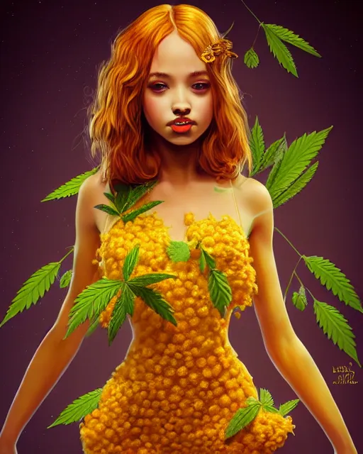 Image similar to beautiful marijuana as honey, made of honey, wearing honey - themed miniskirt, award winning creature portrait photography, extremely detailed, artstation, 8 k, sensual lighting, incredible art, wlop, artgerm, backlit, rim lighting, hi - fructose