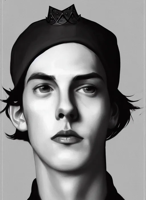 Image similar to portrait of teenage jughead jones wearing a light grey crown, crown, blue turtleneck, 1 9 5 0 s, closed eyes, photorealistic, black hair, glowing lighting, intricate, elegant, glowing lights, highly detailed, digital painting, artstation, concept art, smooth, sharp focus, illustration, art by wlop, mars ravelo and greg rutkowski