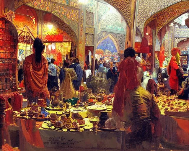 Image similar to an oil painting in the style of orientalism of dragons on display in a dragon auction in the grand bazaar of isfahan by edwin lord weeks, trending on artstation