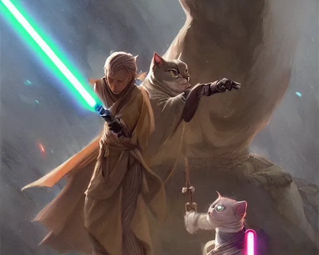 Image similar to cartoonish Jedi cat order, anime, a fantasy digital painting by Greg Rutkowski and James Gurney, trending on Artstation, highly detailed