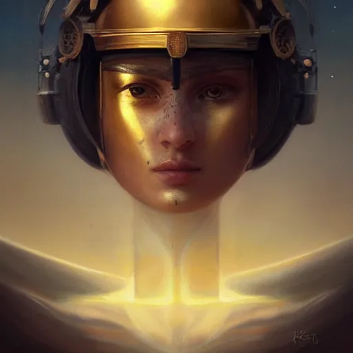 Prompt: breathtaking soft painting of horus with a third eye in her forehead with an intricate retrofuturistic helmet in a golden sky, realistic symmetrical face features, rembrandt style, elegant, highly detailed, artstation, concept art, matte, sharp focus, art by tom bagshaw, and greg rutkowski