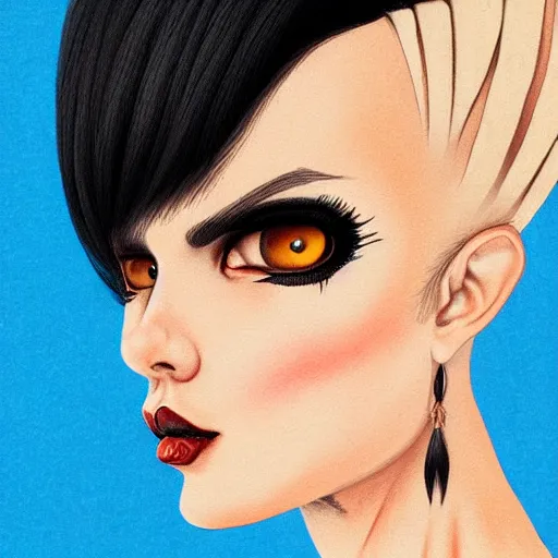 Image similar to illustrated realistic portrait of ram-horned devil woman with blue bob hairstyle and her tan colored skin and with solid black eyes wearing leather by rossdraws