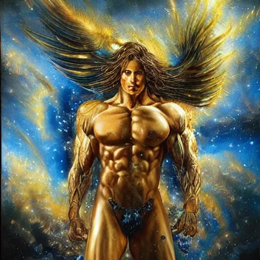 Image similar to full muscular body male made of gemsl with golden feathers ,thunder, shining light, nebulas, god rays by Karol Bak, Ayami Kojima, Amano