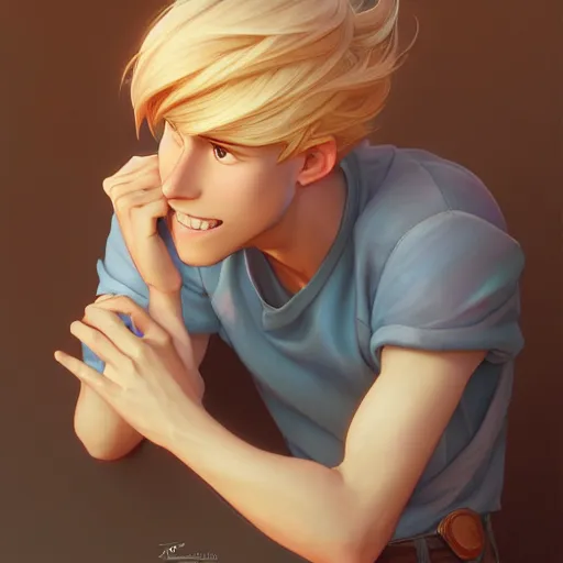 Prompt: young man with short, ash blond hair, path traced, highly detailed, high quality, digital painting, by don bluth and ross tran and studio ghibli and alphonse mucha, artgerm, 4 k, fantasy painting, pixar animation style, rossdraws, wlop, sylvain sarrailh