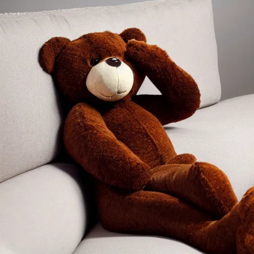 Image similar to a teddy bear with very! very long!!!! legs on a formal couch, 4 k photo