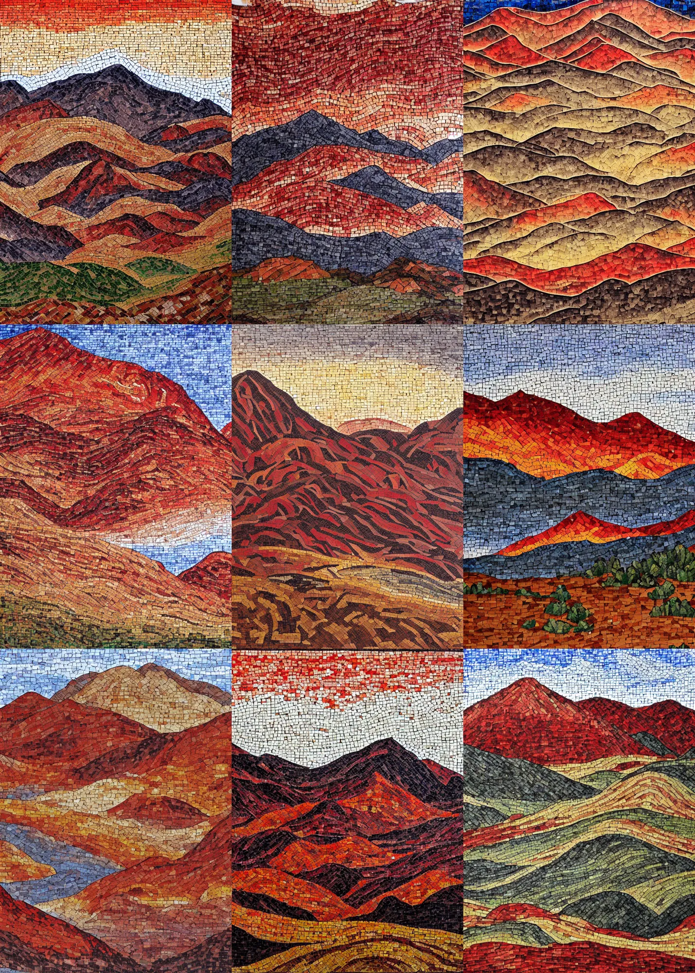 Prompt: landscape with red mountains, tile art mosaic