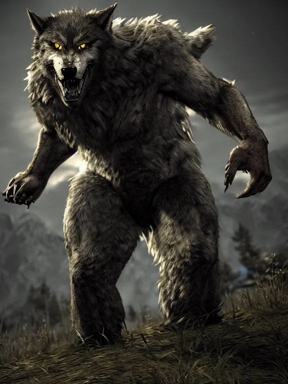 Prompt: cute handsome cuddly burly surly relaxed calm timid werewolf from van helsing unreal engine hyperreallistic render 8k character concept art masterpiece screenshot from the video game the Elder Scrolls V: Skyrim