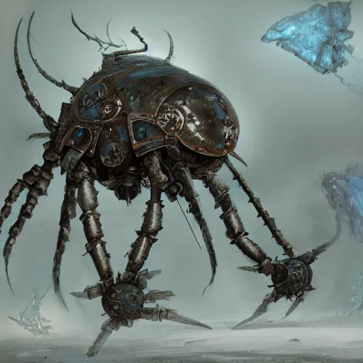 Image similar to giant armored ashigaru beetle war construct golem, glowing gnostic brian froud markings, rotating scythe blades, magic and steam - punk inspired, in an ancient stone circle on a plateau in a blizzard, kanji markings, concept painting by jessica rossier, hr giger, john berkey