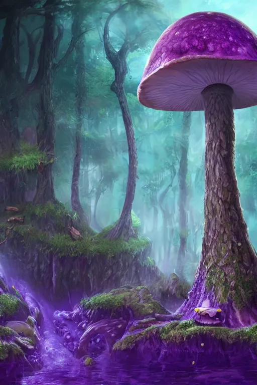 Prompt: Giant Mushroom Dripping Viscous Blobs of Purple Liquid from its Cap, Deep Forest, Overgrowth, fantasy, digital illustration, realistic, trending on artstation, volumetric lighting, ultra detailed